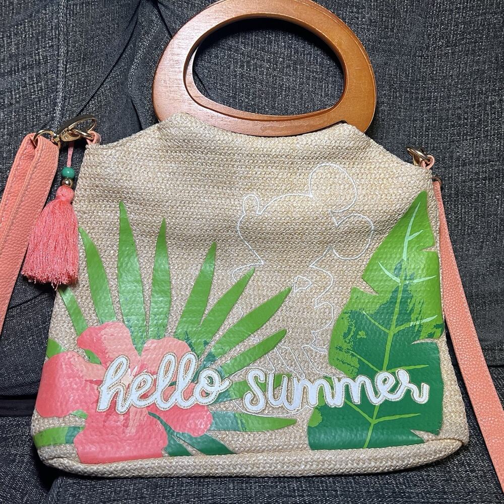 Disney Parks Tropical Hello Summer Mickey Raffia Crossbody Tote Bag Wooden - Picture 2 of 11